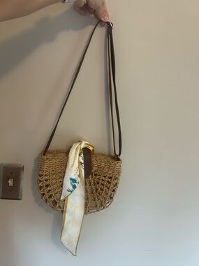 Woven Straw Crossbody Bag with Scarf Accent - Tan